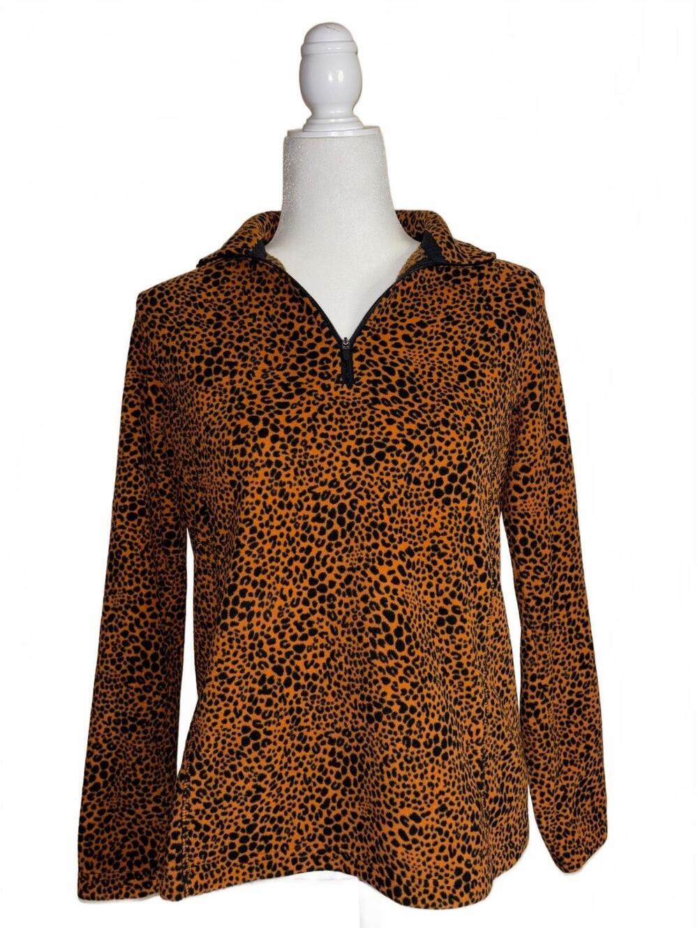 Lands' End Quarter-Zip tawny brown and black leopard/cheetah Fleece Pullover